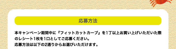 応募方法：本キャンペーン期間中に『フィットカットカーブ』を1丁以上お買い上げいただいた際のレシート1枚を1口としてご応募ください。応募方法は以下の2通りからお選びいただけます。