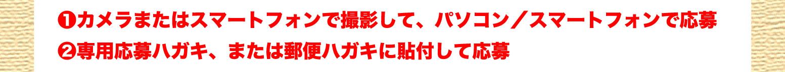 ❶カメラまたはスマートフォンで撮影して、パソコン／スマートフォンで応募❷専用応募ハガキ、または郵便ハガキに貼付して応募
