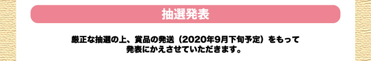 抽選発表：厳正な抽選の上、賞品の発送（2020年9月下旬予定）をもって発表にかえさせていただきます。